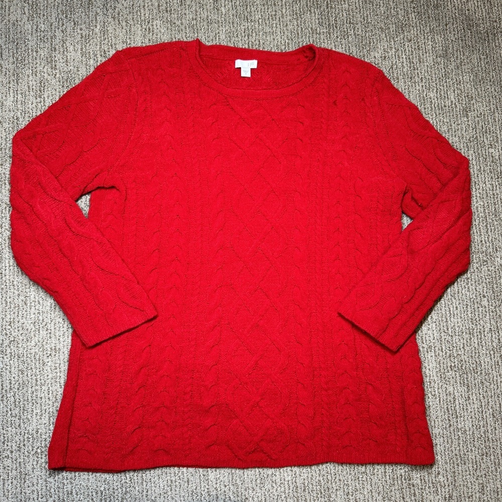 J Jill Womens M Chenille Pullover Sweater Cable Knit Round Neck Red